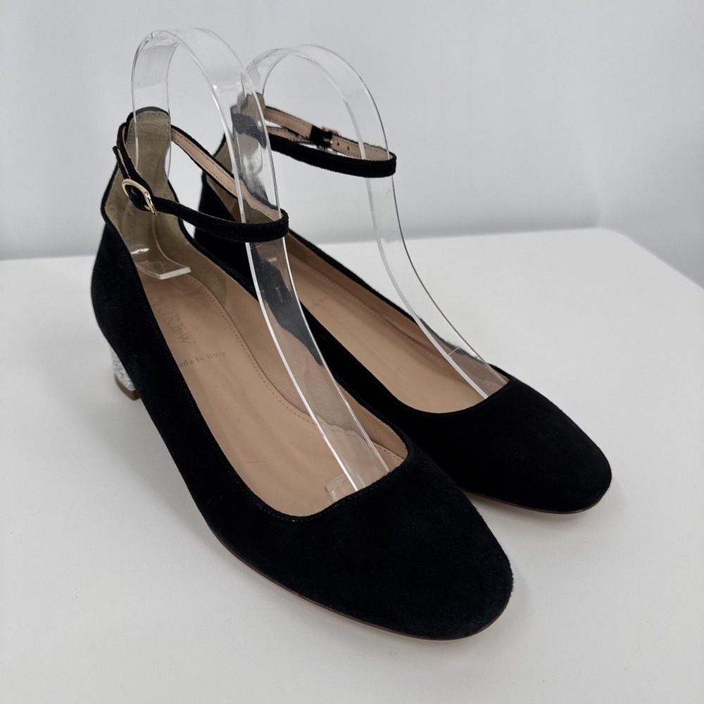 J Crew Black Suede Pumps w/ Silver Heels Size 7 EUC Ankle Strap Block Heel